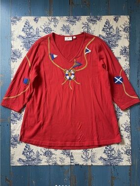 Quacker Factory Red nautical Top with Embroidered Accent